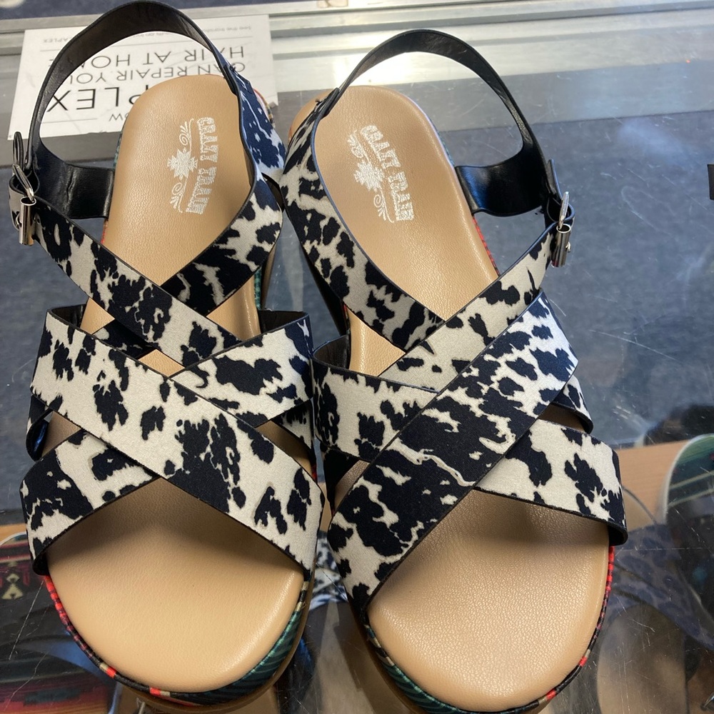 Wedge sandals cow print strap serape print heel